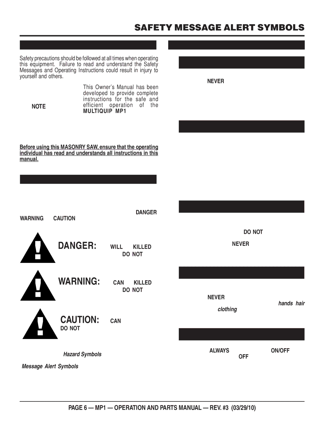 Multiquip MP1420E, MP1455H, MP1415E manual Safety Message Alert Symbols 