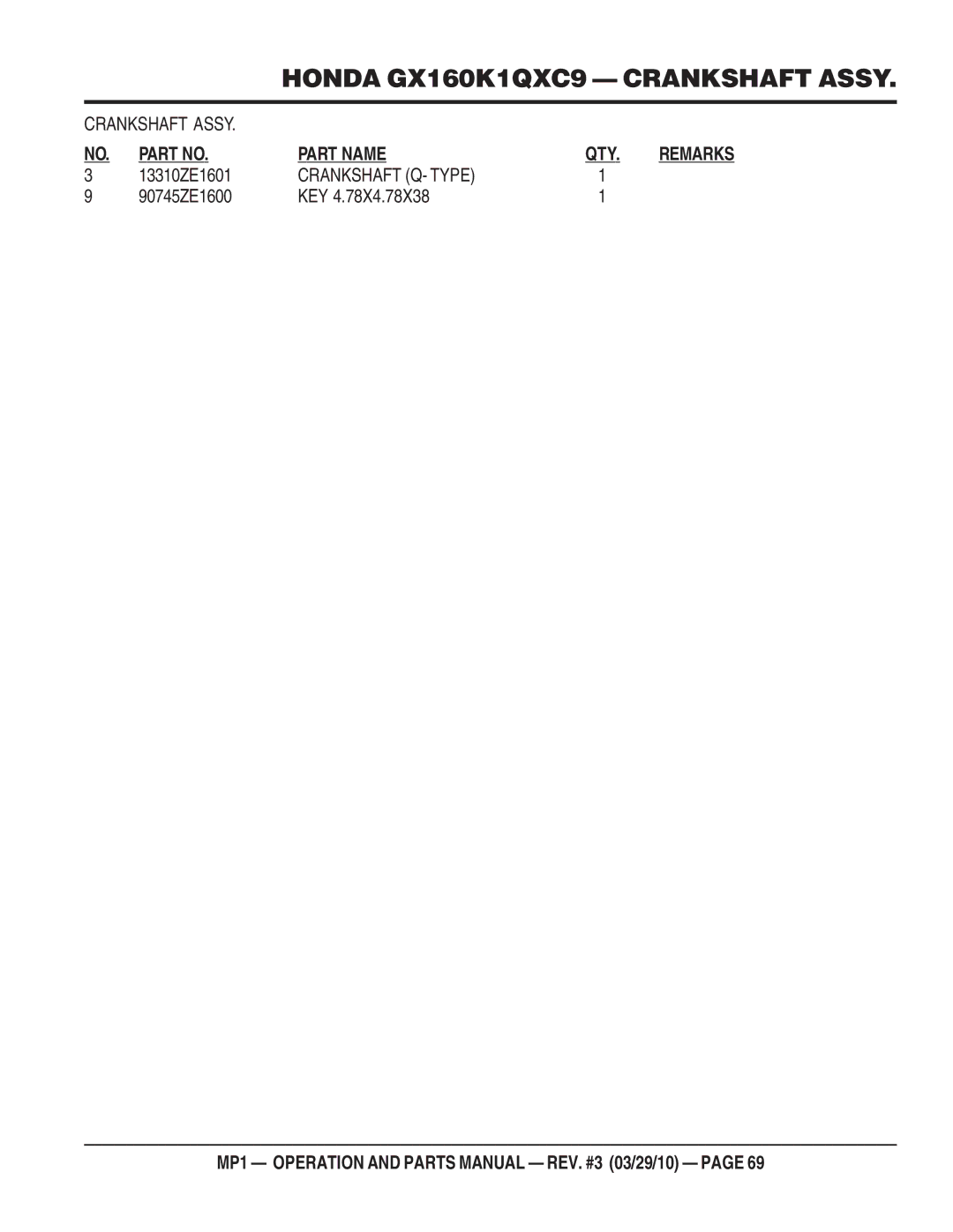 Multiquip MP1420E, MP1455H, MP1415E manual Crankshaft Q- Type 