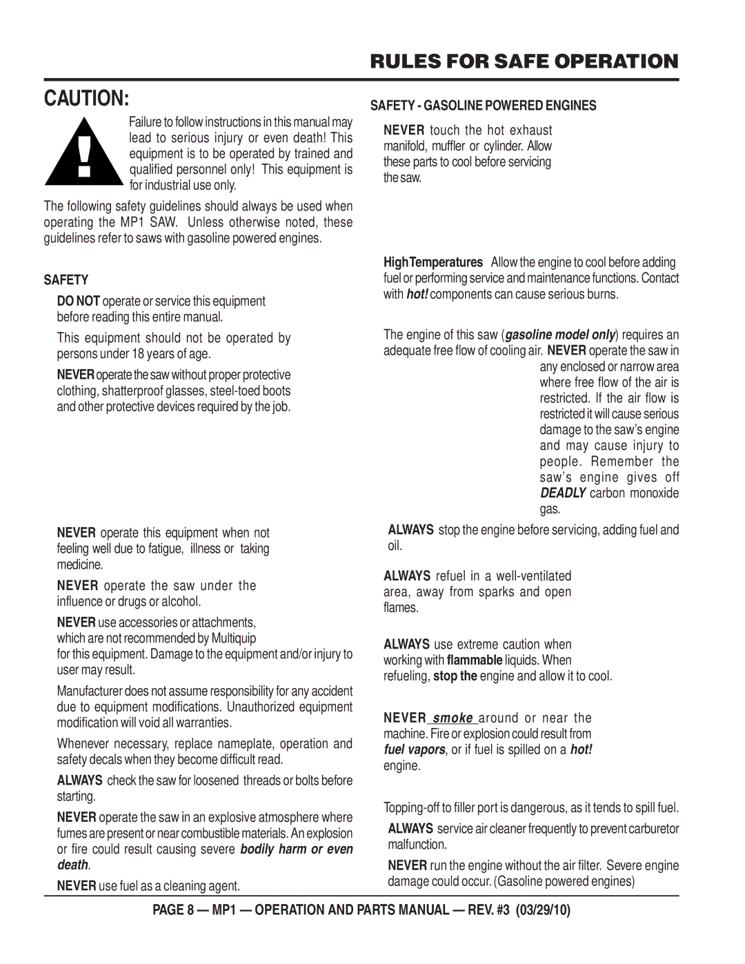 Multiquip MP1415E, MP1420E, MP1455H manual Rules for Safe Operation, Safety Gasoline Powered Engines 