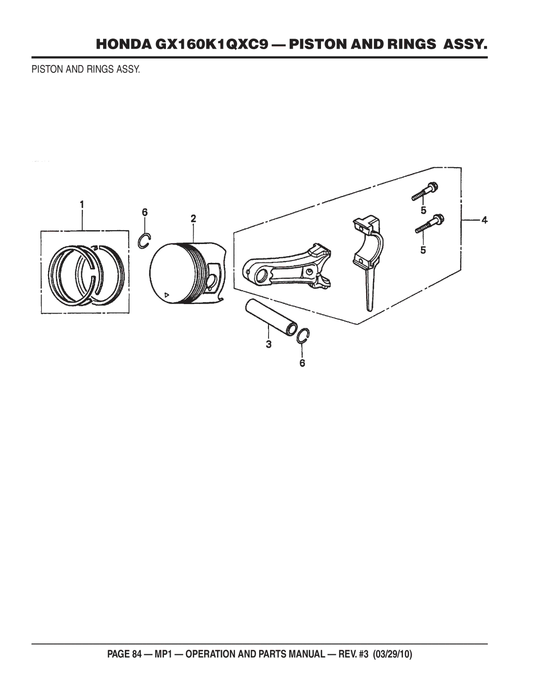 Multiquip MP1420E, MP1455H, MP1415E manual Honda GX160K1QXC9 Piston and Rings Assy 
