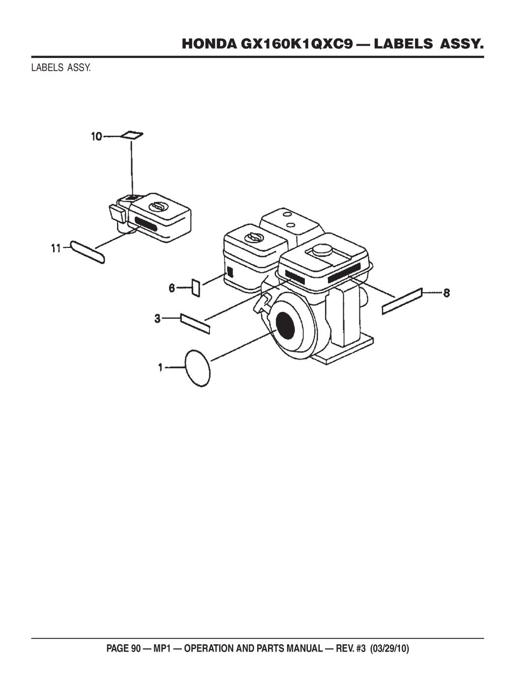 Multiquip MP1420E, MP1455H, MP1415E manual Honda GX160K1QXC9 Labels Assy 