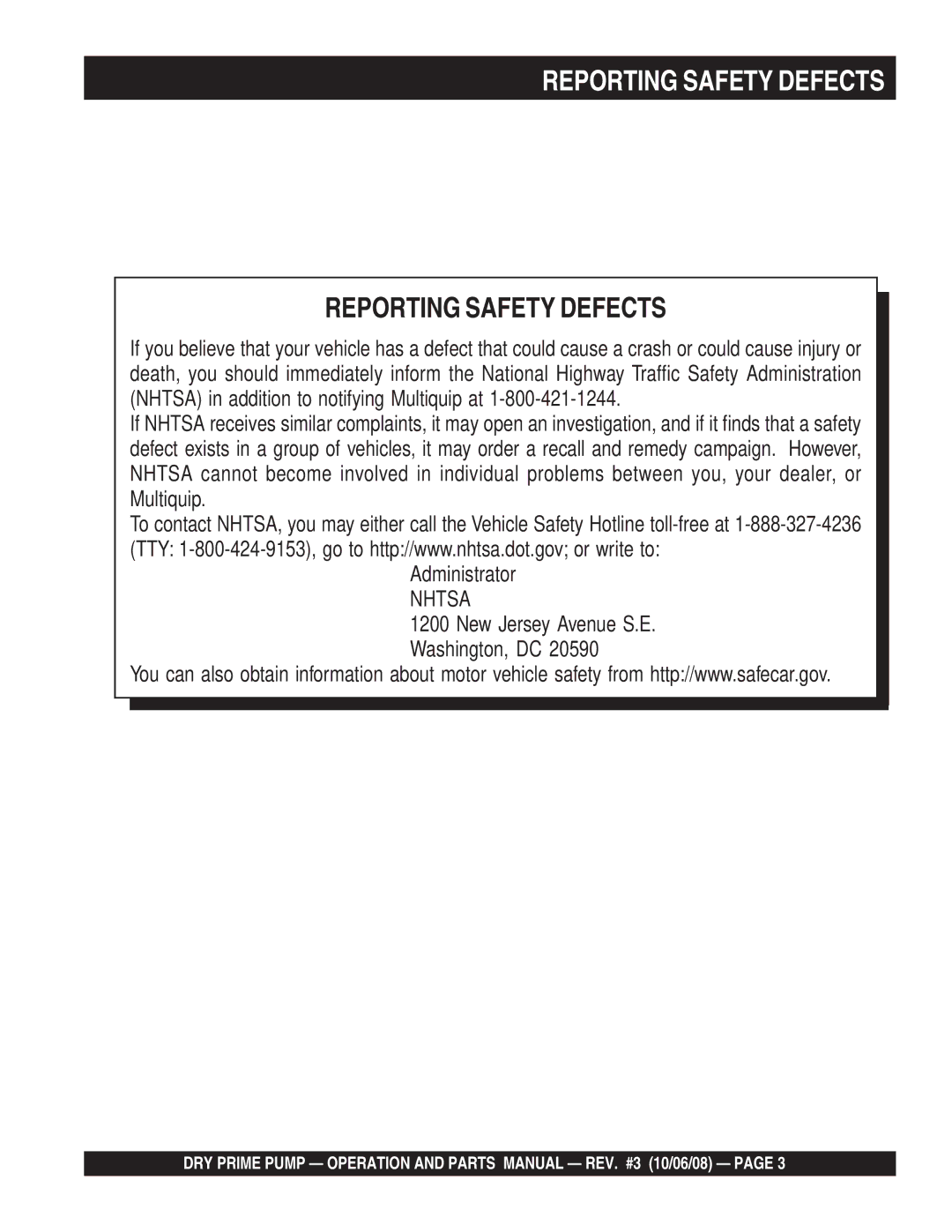 Multiquip MP200SDLSM, MP200DLTE, MP150SDLTS, MP150SDLTE, MP200DLSM, MP200DLTS, MP150SDLSM, P200DLST Reporting Safety Defects 