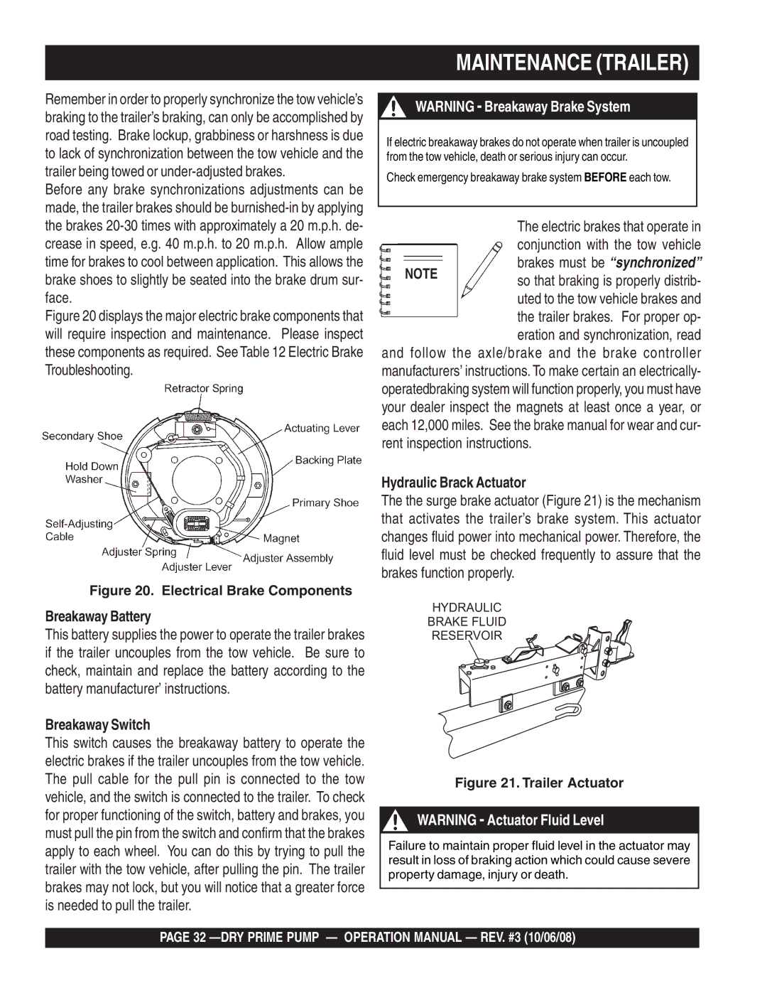 Multiquip MP200DLTS, MP200DLTE Breakaway Battery, Breakaway Switch, Brakes must be synchronized, Hydraulic Brack Actuator 