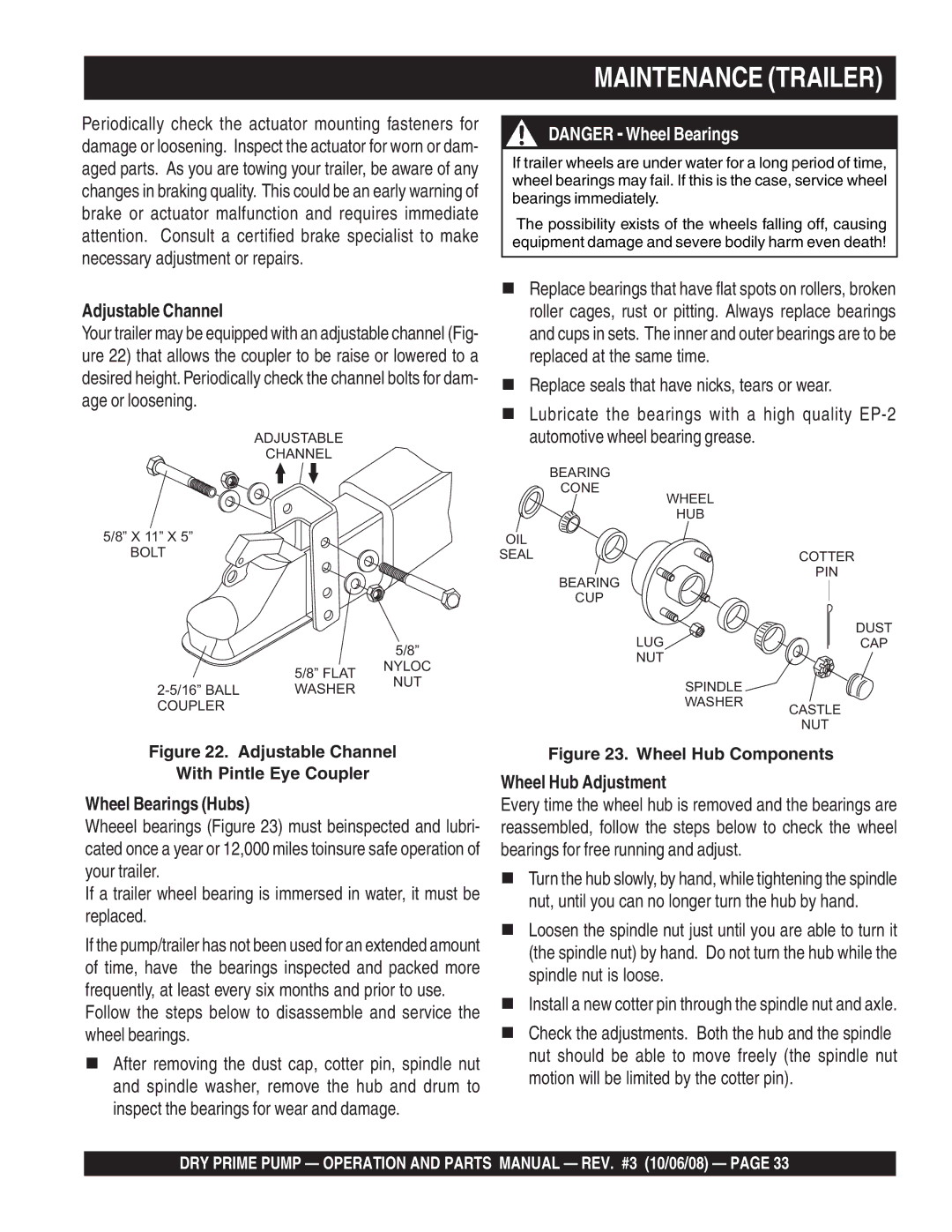 Multiquip MP150SDLSM, MP200DLTE, MP150SDLTS, MP150SDLTE Adjustable Channel, Wheel Bearings Hubs, Wheel Hub Adjustment 