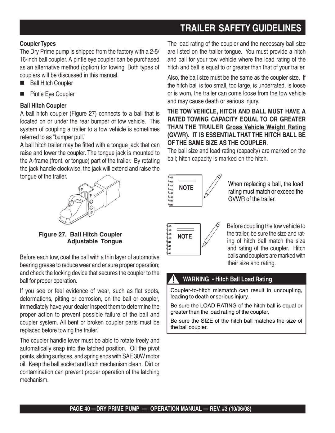 Multiquip MP200DLSM, MP200DLTE CouplerTypes, „ Ball Hitch Coupler „ Pintle Eye Coupler, Before coupling the tow vehicle to 