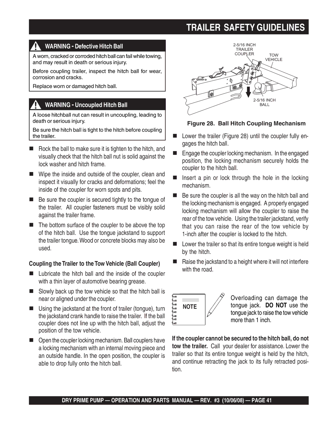 Multiquip MP200DLTS, MP200DLTE, MP150SDLTS, MP150SDLTE, MP200SDLSM, MP200DLSM, P200DLST Overloading can damage More than 1 inch 