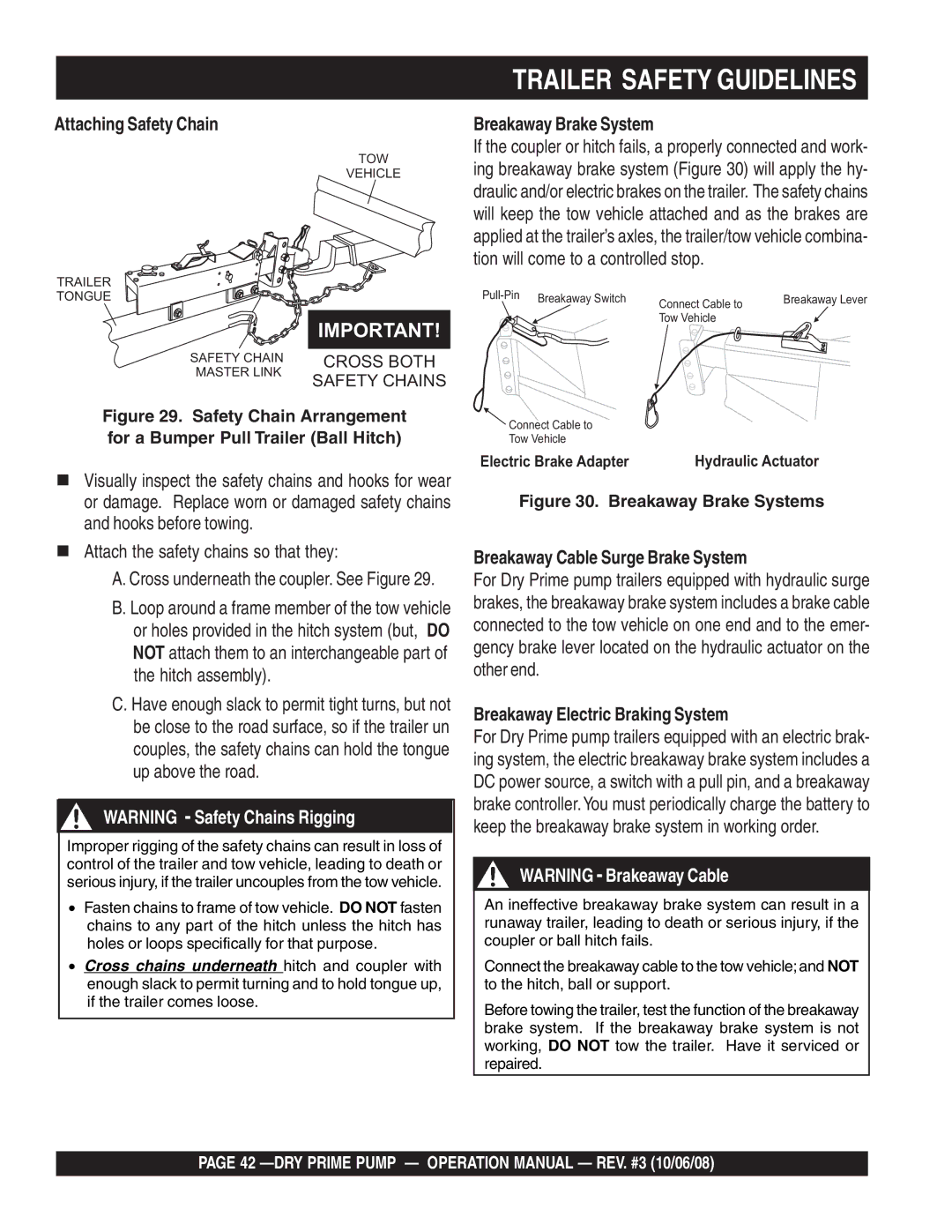 Multiquip MP150SDLSM, MP200DLTE Attaching Safety Chain, „ Attach the safety chains so that they, Breakaway Brake System 