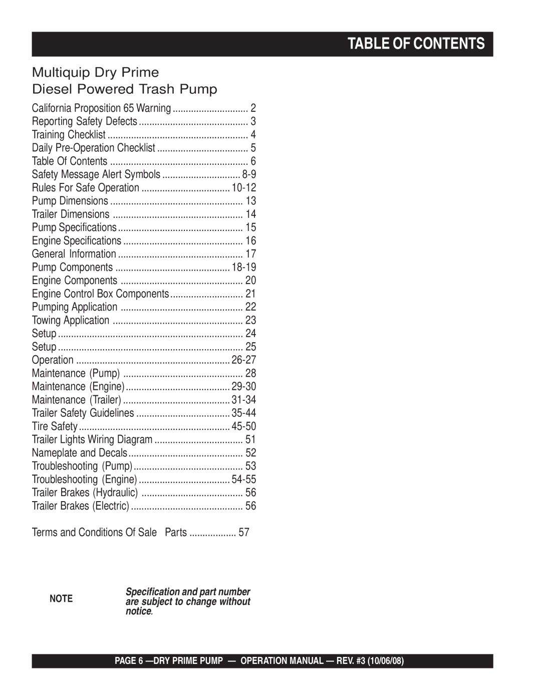 Multiquip MP150SDLSM, MP200DLTE, MP150SDLTS, MP150SDLTE, MP200SDLSM, MP200DLSM, MP200DLTS, P200DLST, MP200SDLTE Table of Contents 