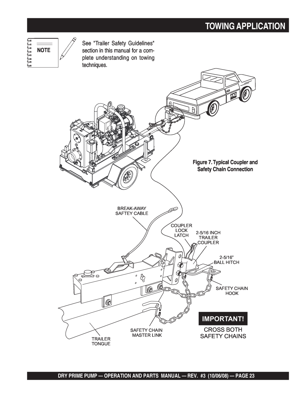 Multiquip MP200DLTS Towing Application, See Trailer Safety Guidelines, Typical Coupler and, Safety Chain Connection 
