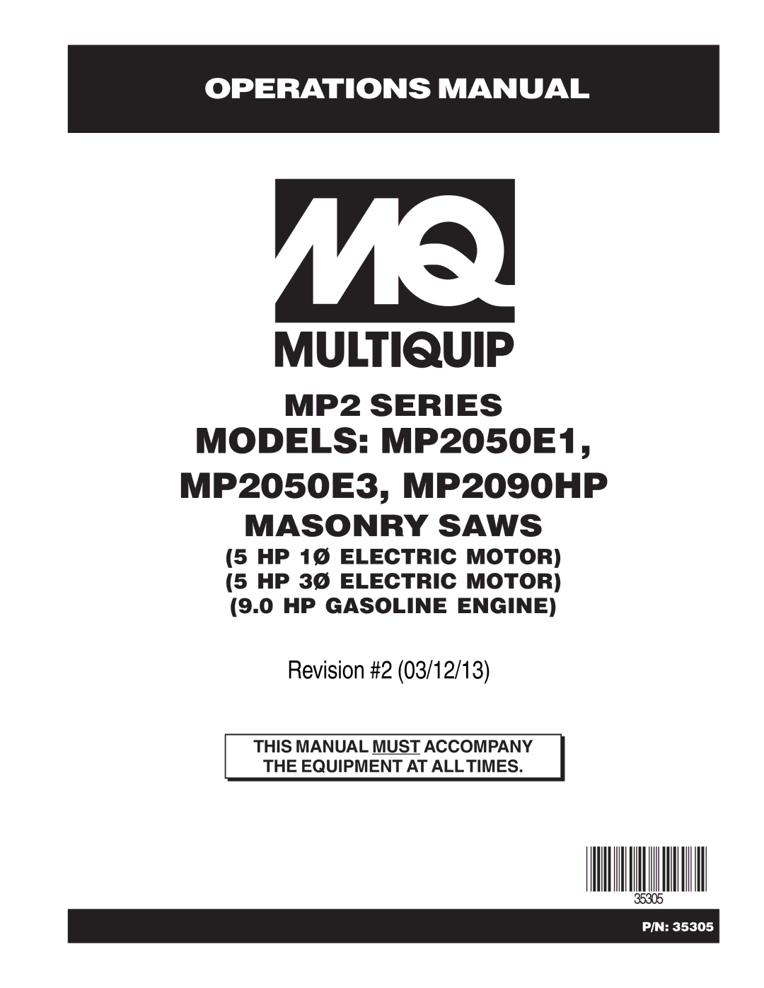 Multiquip manual Models MP2050E1, MP2050E3, MP2090HP, 35305 