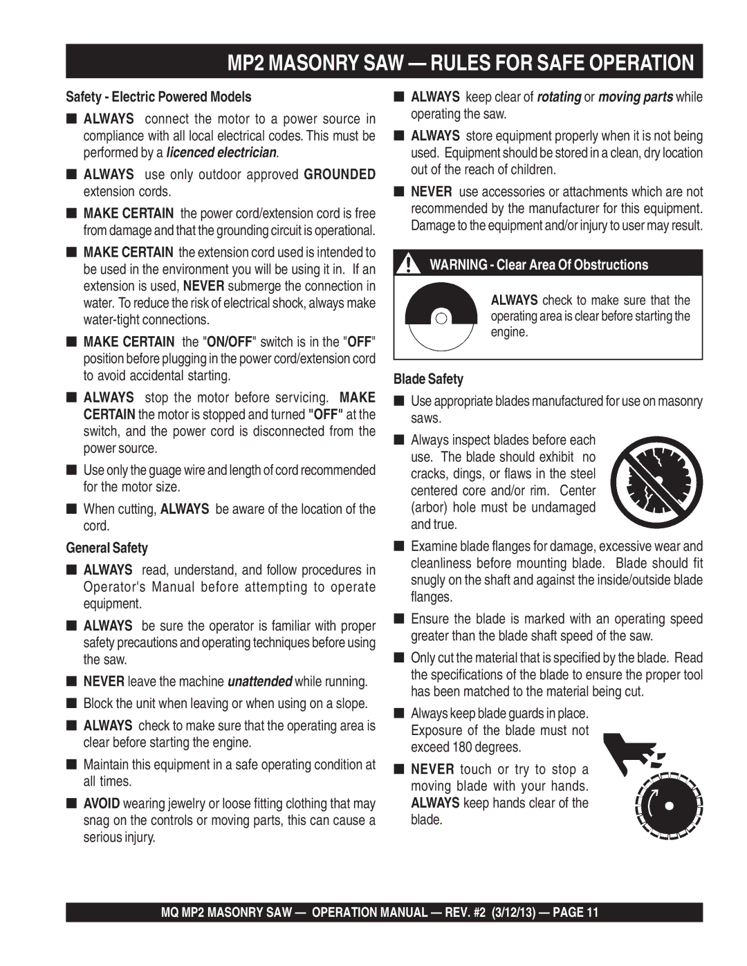 Multiquip MP2090HP MP2 Masonry SAW Rules for Safe Operation, Safety Electric Powered Models, General Safety, Blade Safety 