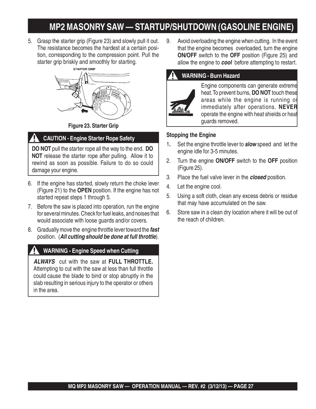 Multiquip MP2050E1, MP2050E3, MP2090HP manual Stopping the Engine, Starter Grip 