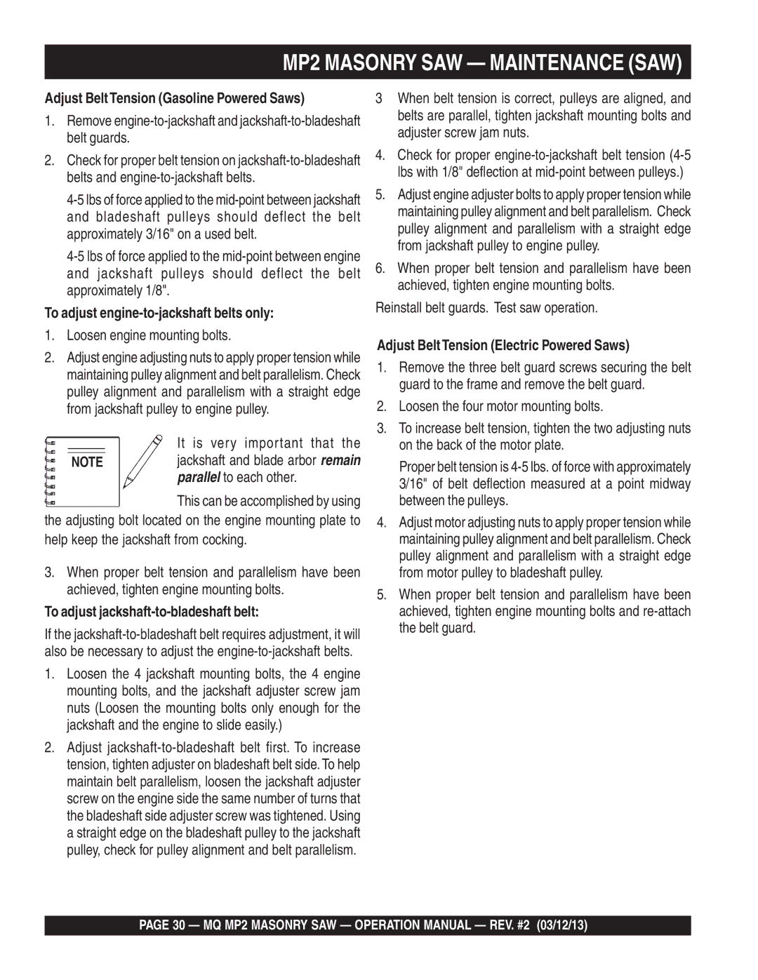 Multiquip MP2050E1, MP2050E3, MP2090HP Adjust BeltTension Gasoline Powered Saws, To adjust engine-to-jackshaft belts only 
