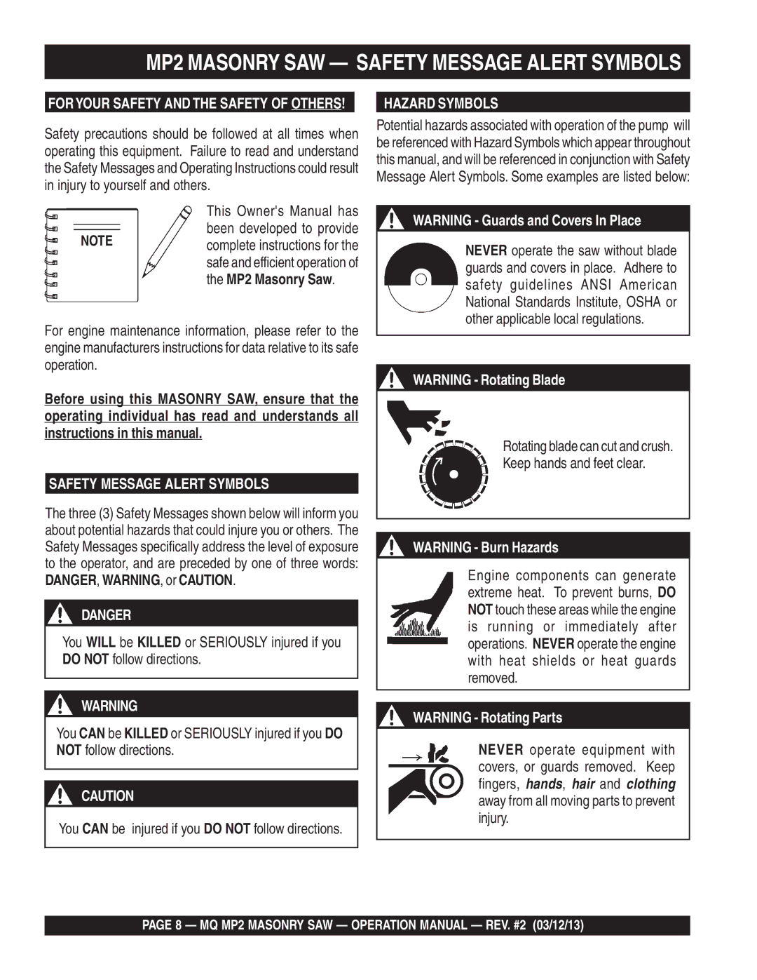 Multiquip MP2090HP, MP2050E1, MP2050E3 manual MP2 Masonry SAW Safety Message Alert Symbols 