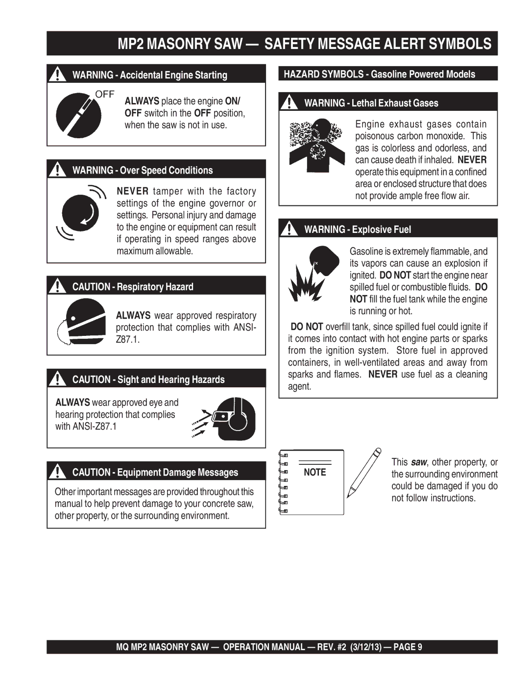 Multiquip MP2050E1, MP2050E3, MP2090HP manual MP2 Masonry SAW Safety Message Alert Symbols, This saw, other property, or 