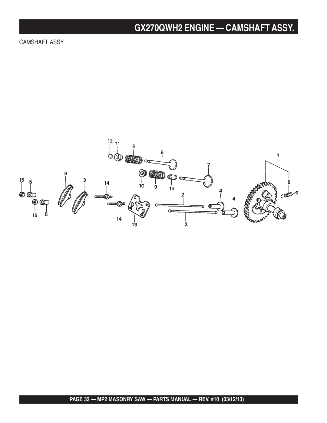 Multiquip MP2090HP, MP2050E1, MP2050E3 manual Camshaft Assy 