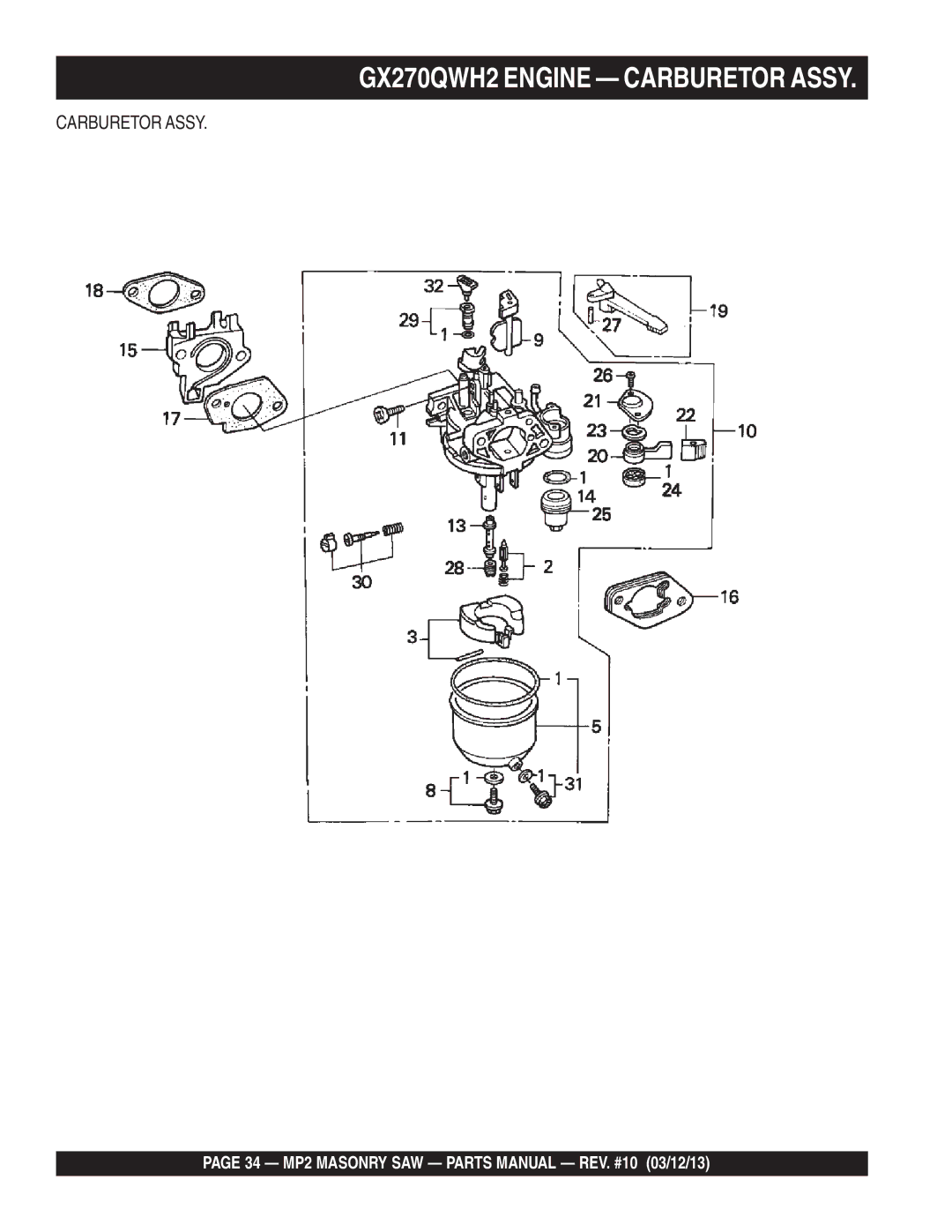 Multiquip MP2050E3, MP2050E1, MP2090HP manual Carburetor Assy 