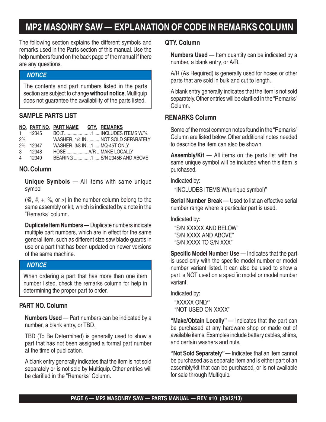 Multiquip MP2050E1, MP2050E3, MP2090HP manual MP2 Masonry SAW Explanation of Code in Remarks Column, Xxxxx only Not Used on 