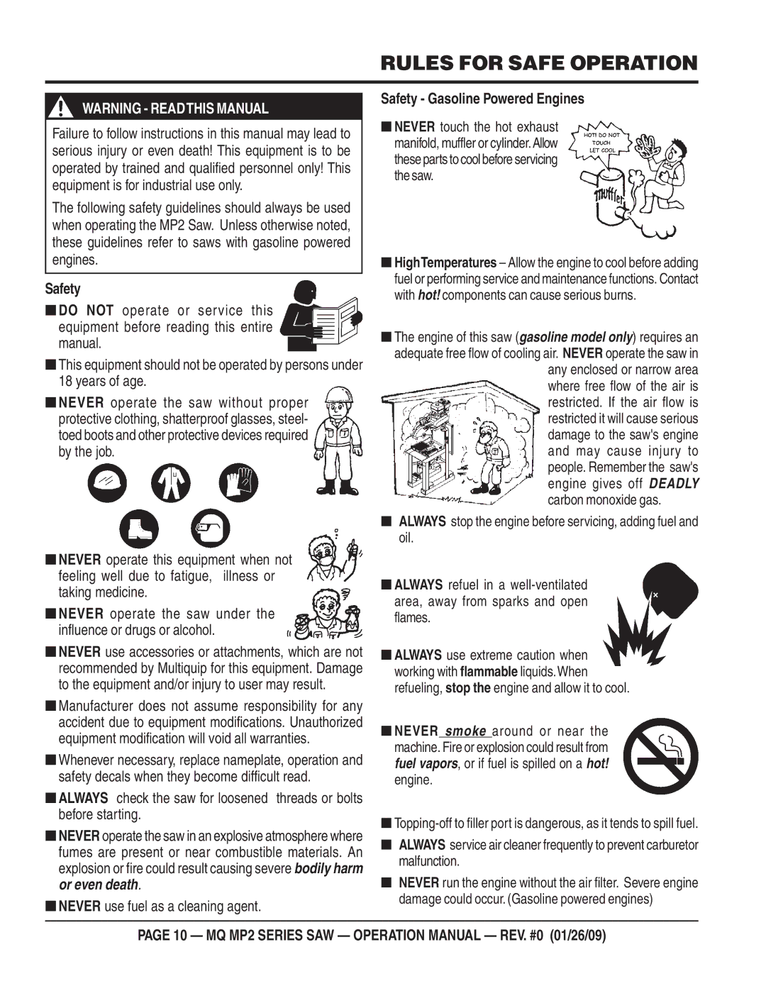 Multiquip MP25E1, MP25E3 Rules for Safe Operation, Never use fuel as a cleaning agent, Safety Gasoline Powered Engines 