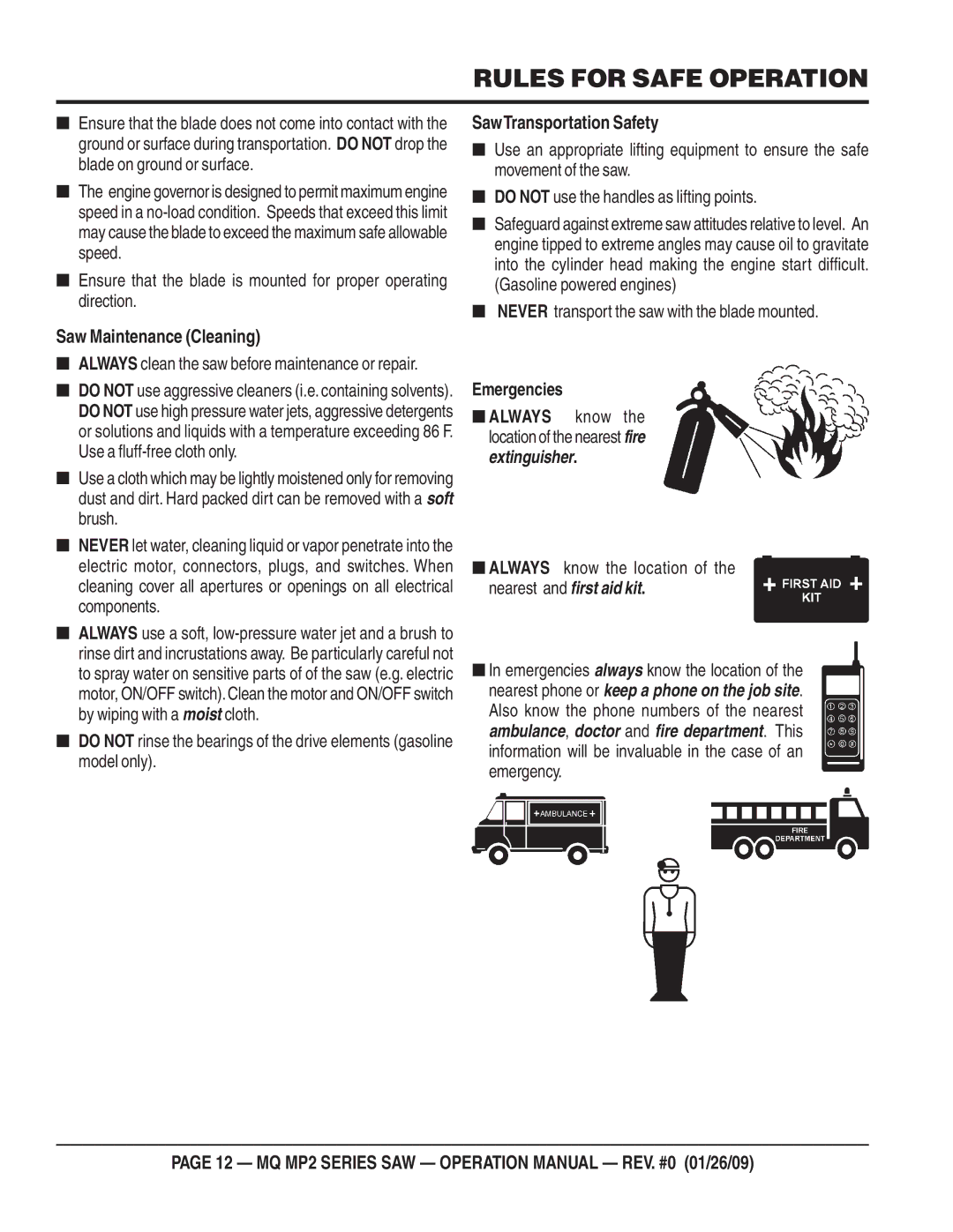 Multiquip MP275E3, MP25E3, MP25E1, MP24 operation manual Saw Maintenance Cleaning, SawTransportation Safety 