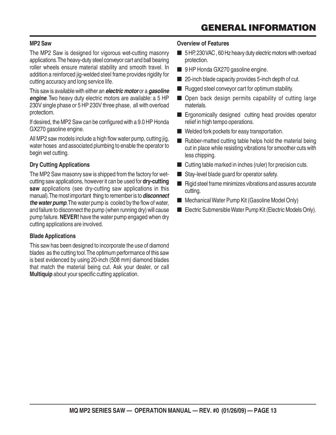 Multiquip MP25E3, MP275E3, MP25E1, MP24 operation manual General Information, MP2 Saw 