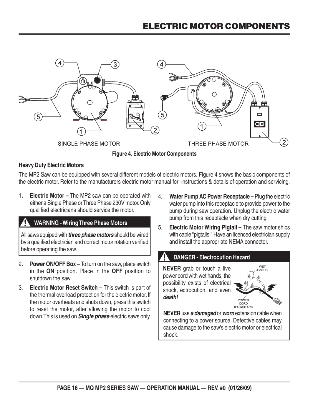 Multiquip MP275E3, MP25E3, MP25E1, MP24 operation manual Electric Motor Components, Heavy Duty Electric Motors 