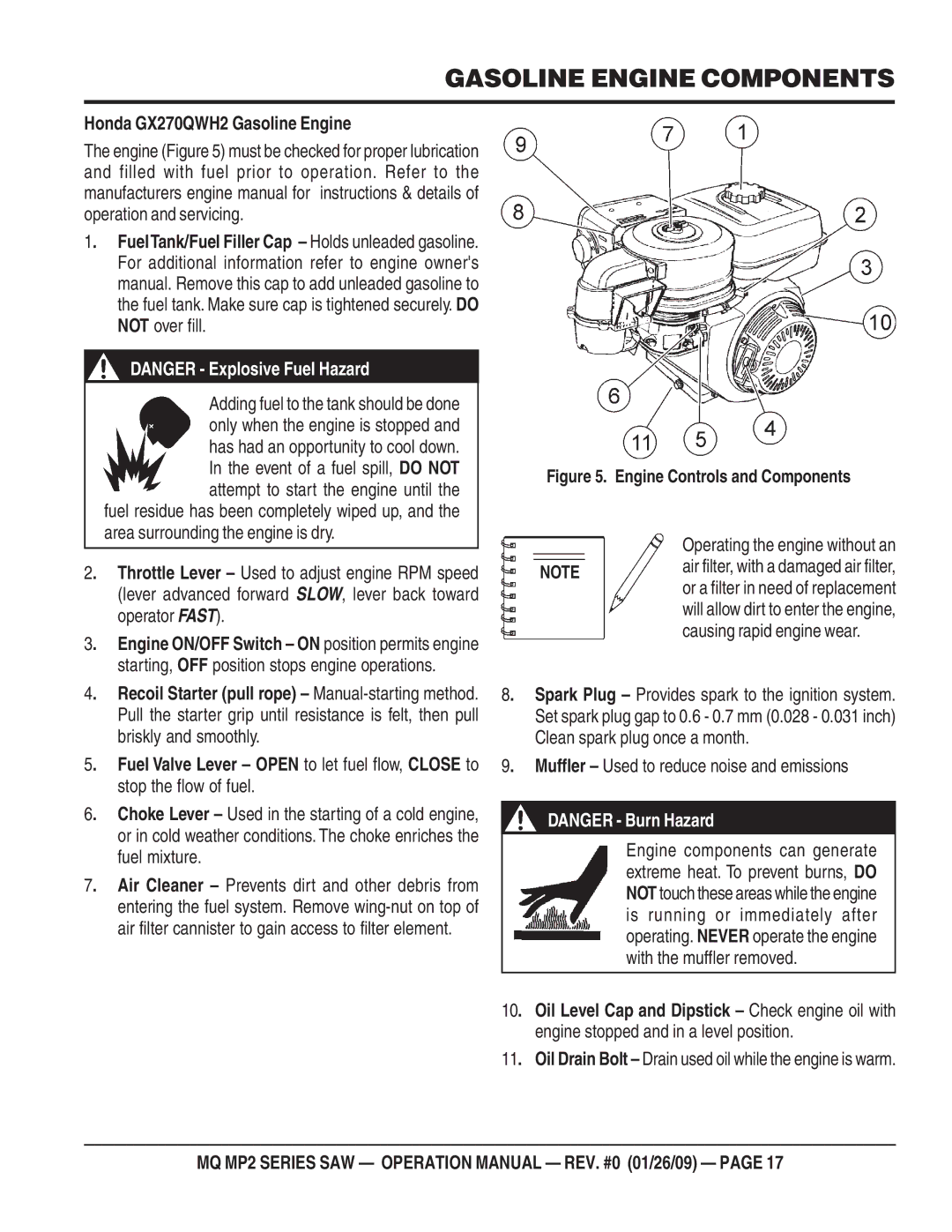 Multiquip MP25E3, MP275E3 Gasoline Engine Components, Honda GX270QWH2 Gasoline Engine, Operating the engine without an 