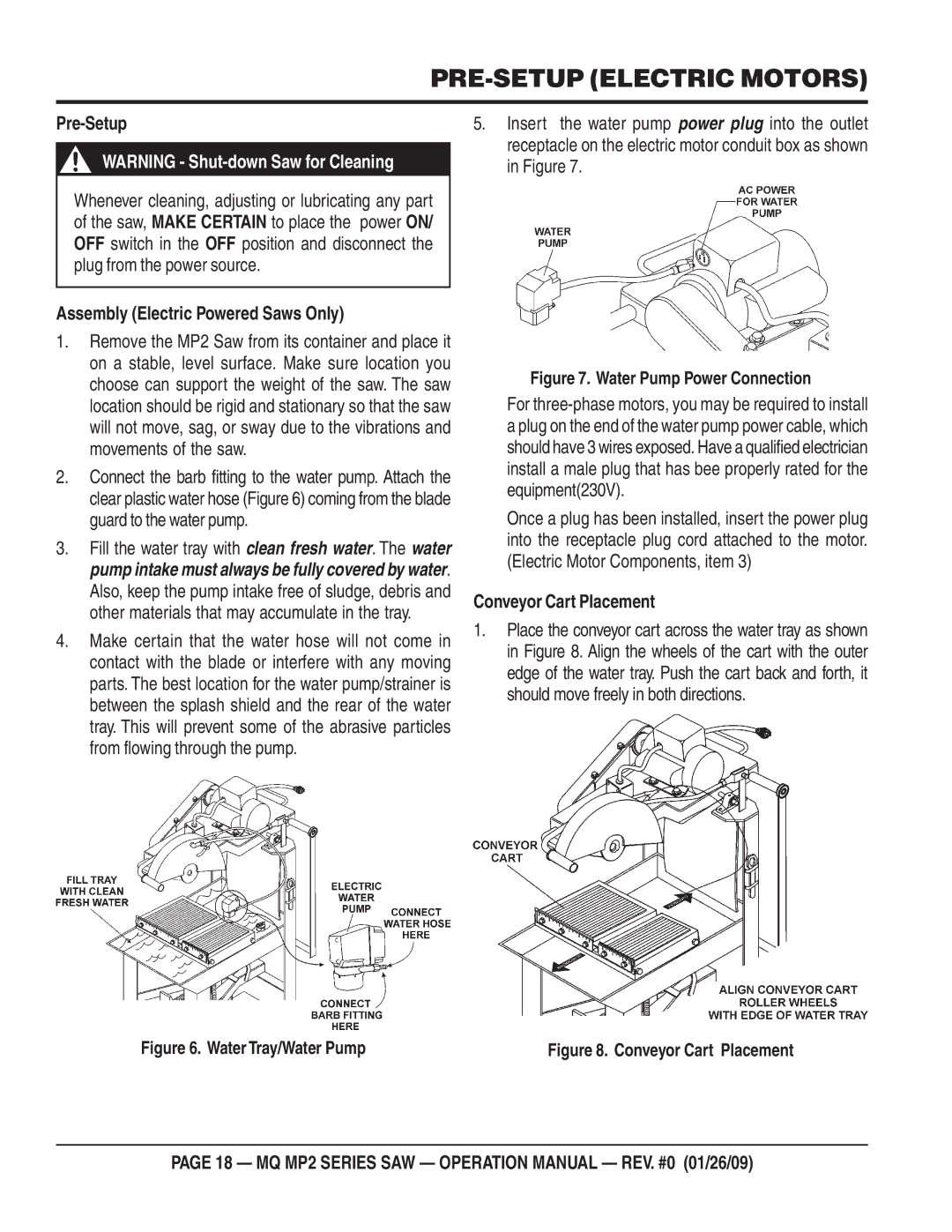 Multiquip MP25E1, MP24 PRE-SETUP Electric Motors, Pre-Setup, Assembly Electric Powered Saws Only, Conveyor Cart Placement 