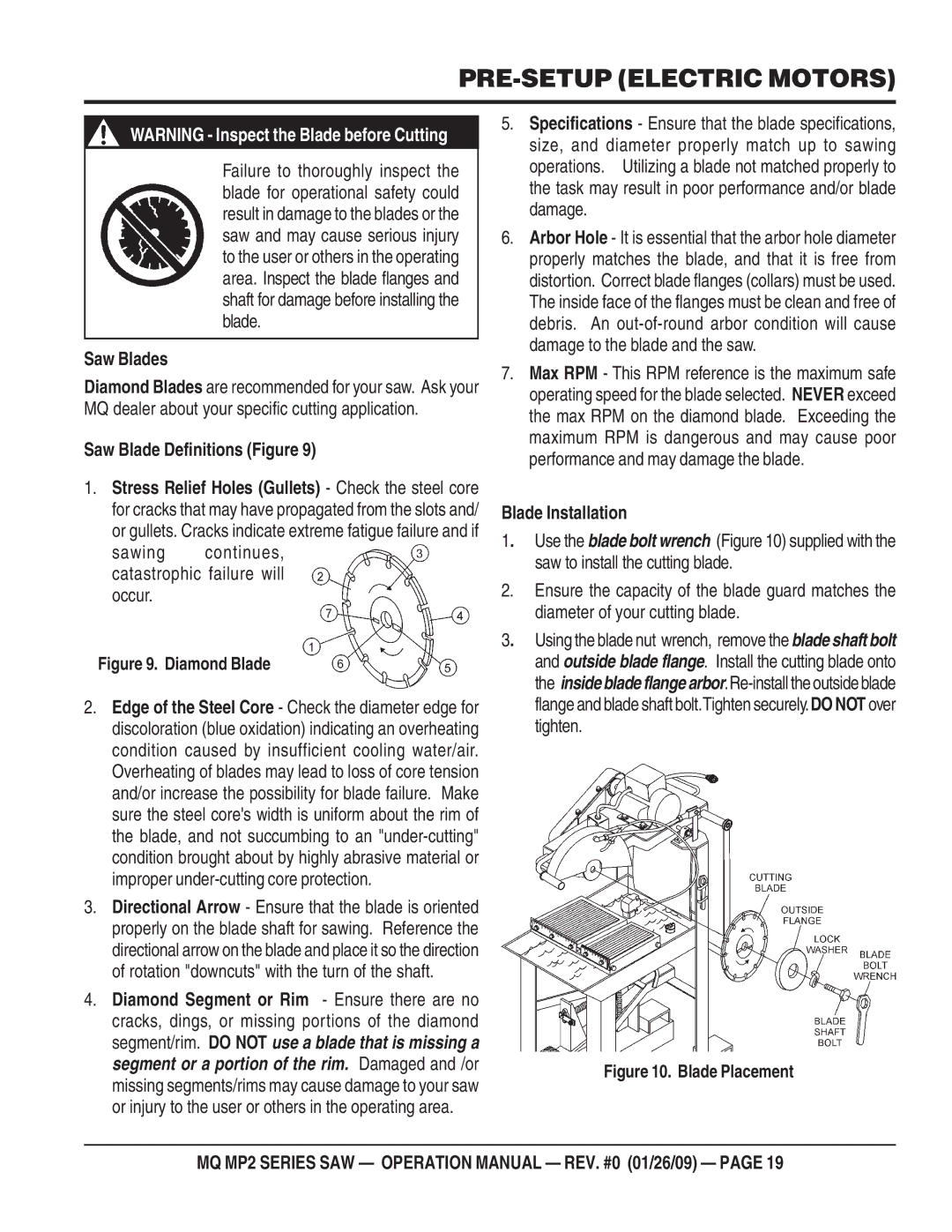 Multiquip MP24, MP275E3, MP25E3 Saw Blades, Saw Blade Definitions Figure, Sawing continues, catastrophic failure will occur 