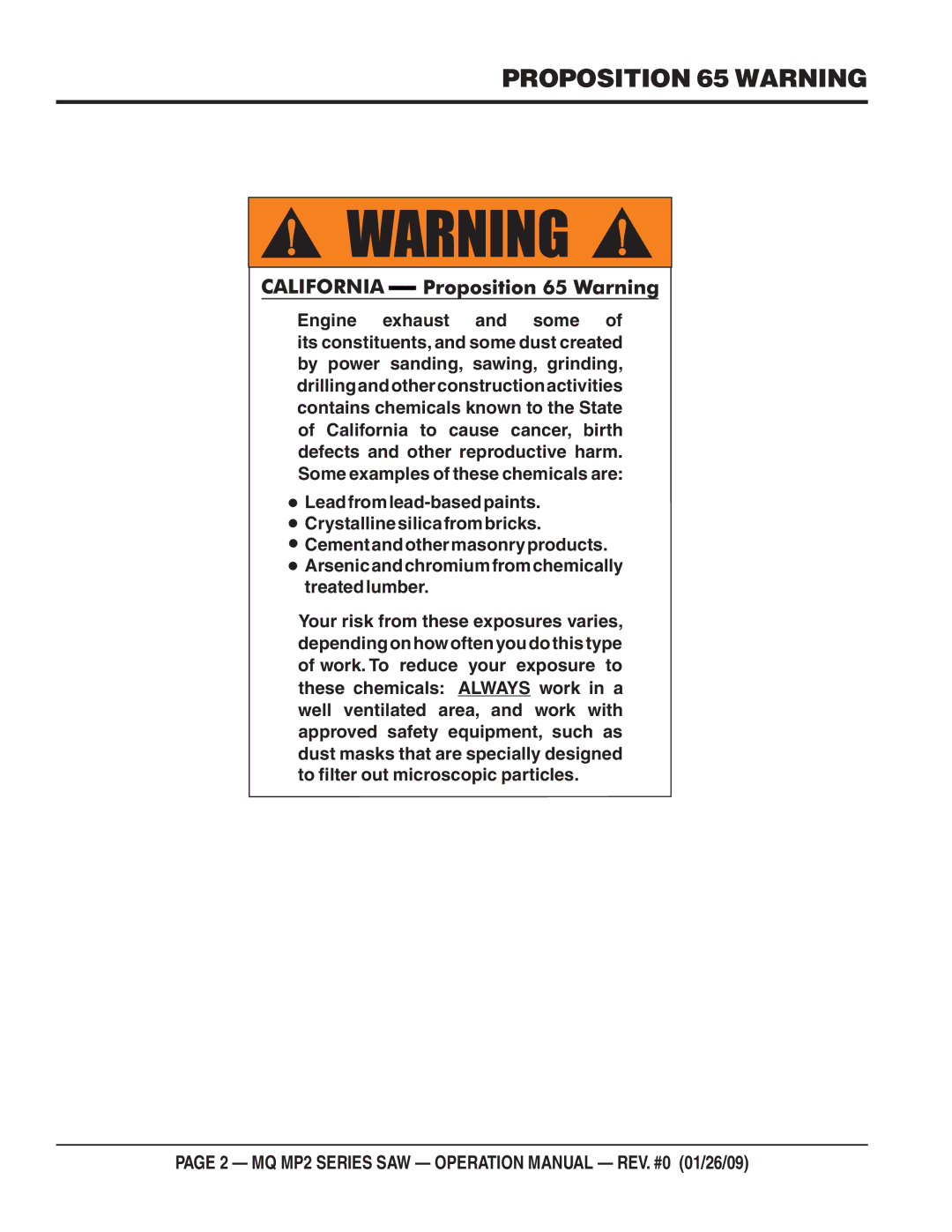 Multiquip MP25E1, MP275E3, MP25E3, MP24 operation manual Proposition 65 Warning 