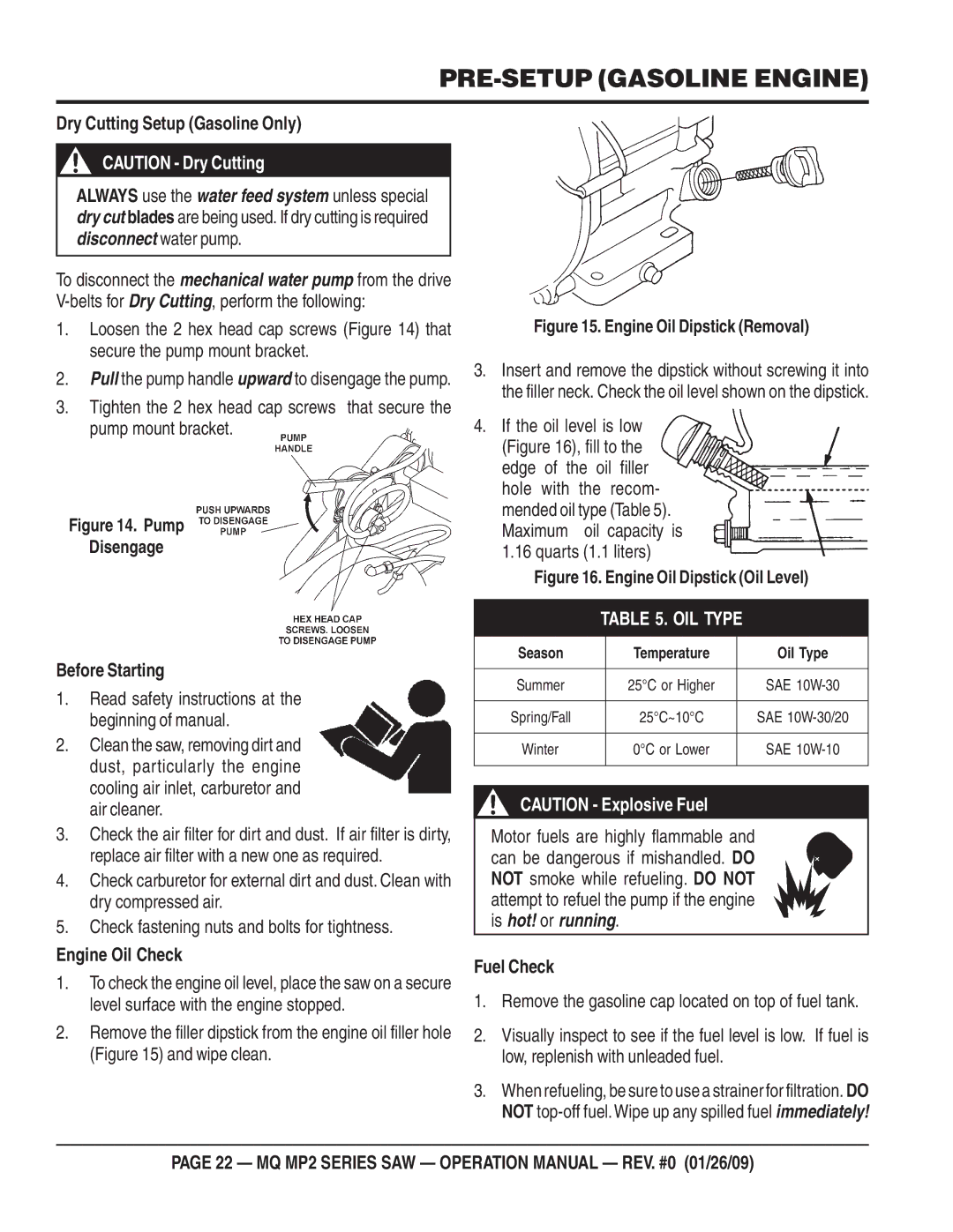 Multiquip MP25E1, MP25E3 Dry Cutting Setup Gasoline Only, Before Starting, Engine Oil Check, Quarts 1.1 liters, Fuel Check 