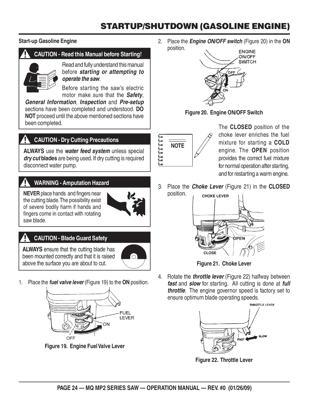 Multiquip MP275E3, MP25E3, MP25E1, MP24 STARTUP/SHUTDOWN Gasoline Engine, Place the Choke Lever in the Closed position 