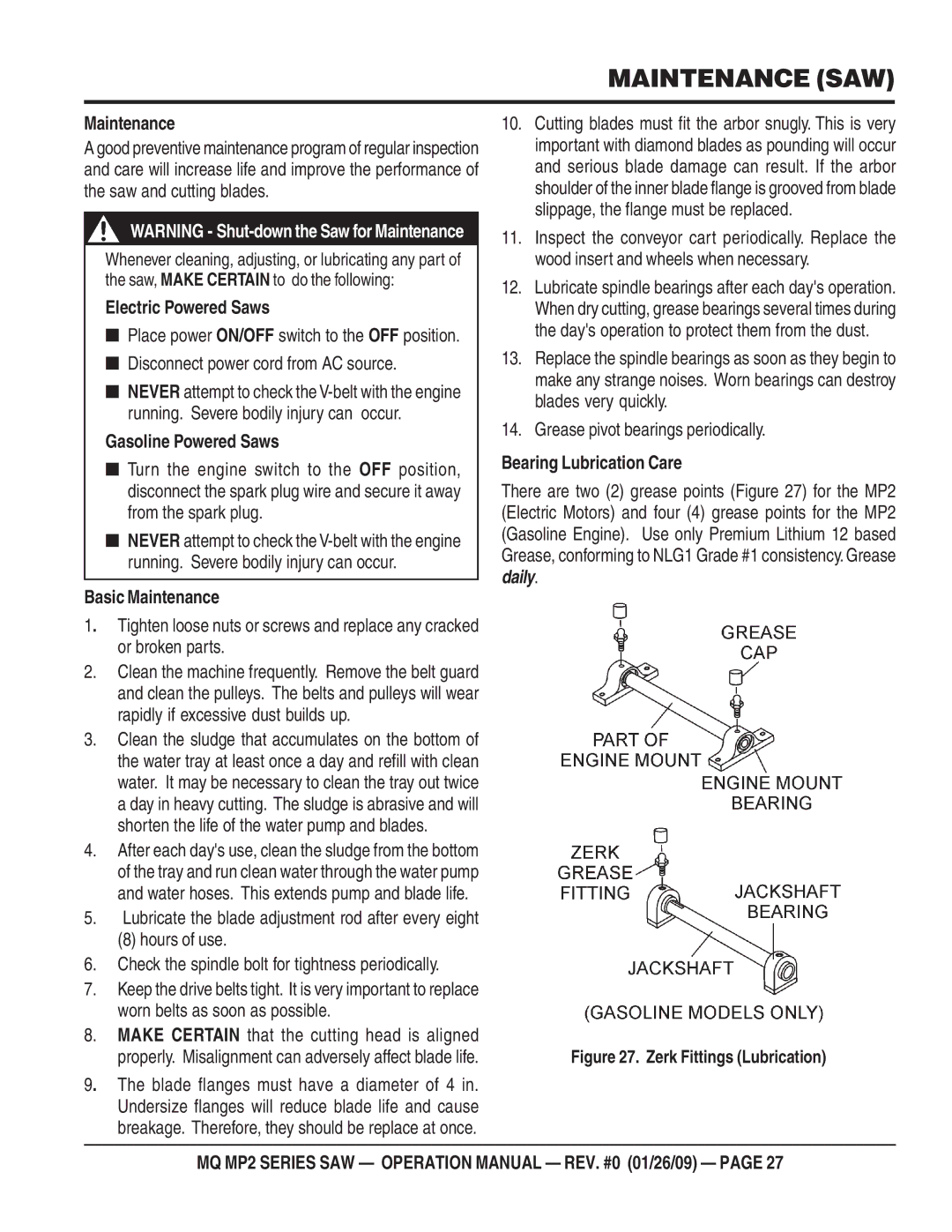 Multiquip MP24, MP275E3, MP25E3, MP25E1 operation manual Maintenance SAW 