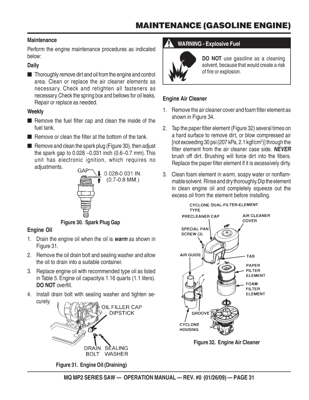 Multiquip MP24, MP275E3, MP25E3, MP25E1 operation manual Daily, Weekly, Engine Oil, Engine Air Cleaner 