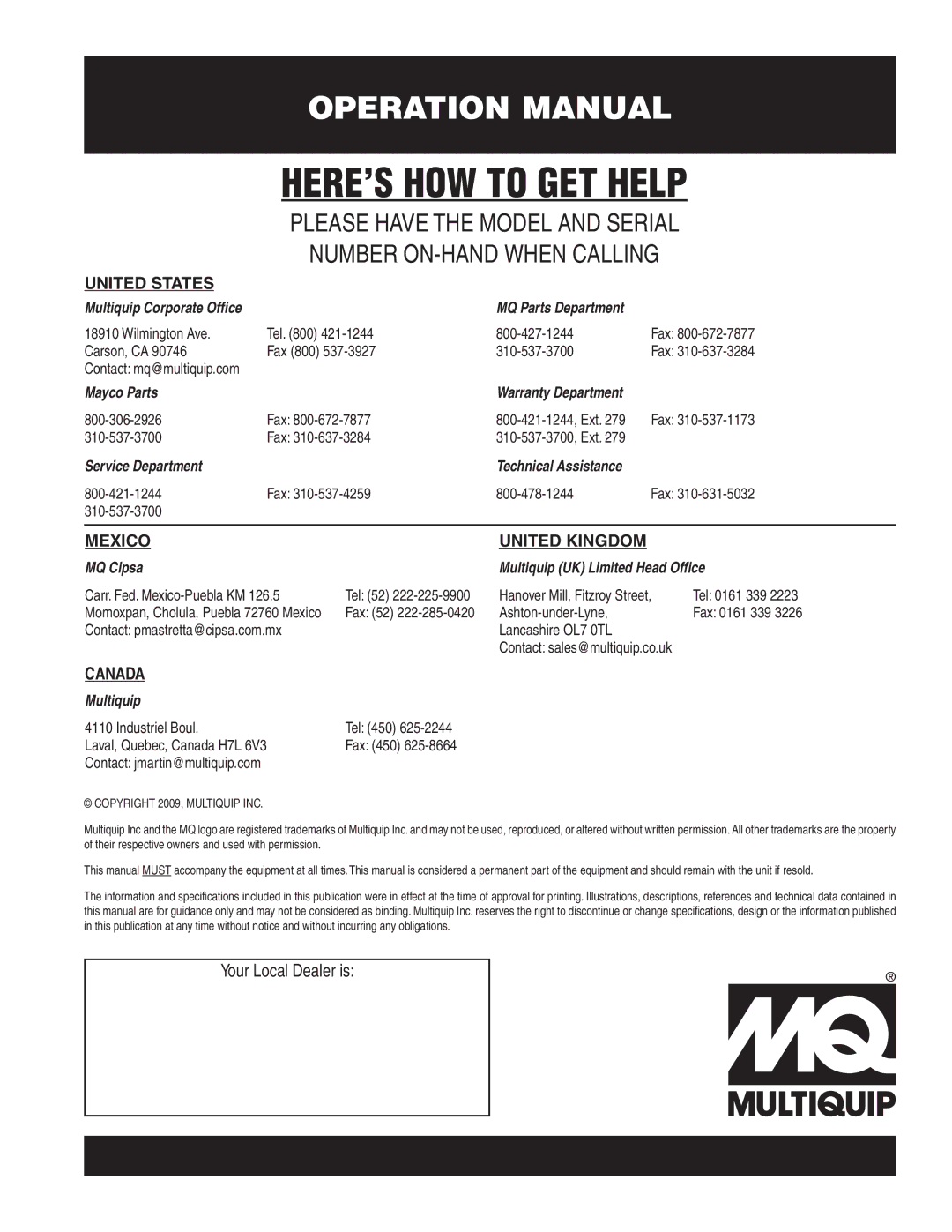 Multiquip MP25E1, MP275E3, MP25E3, MP24 operation manual HERE’S HOW to GET Help 