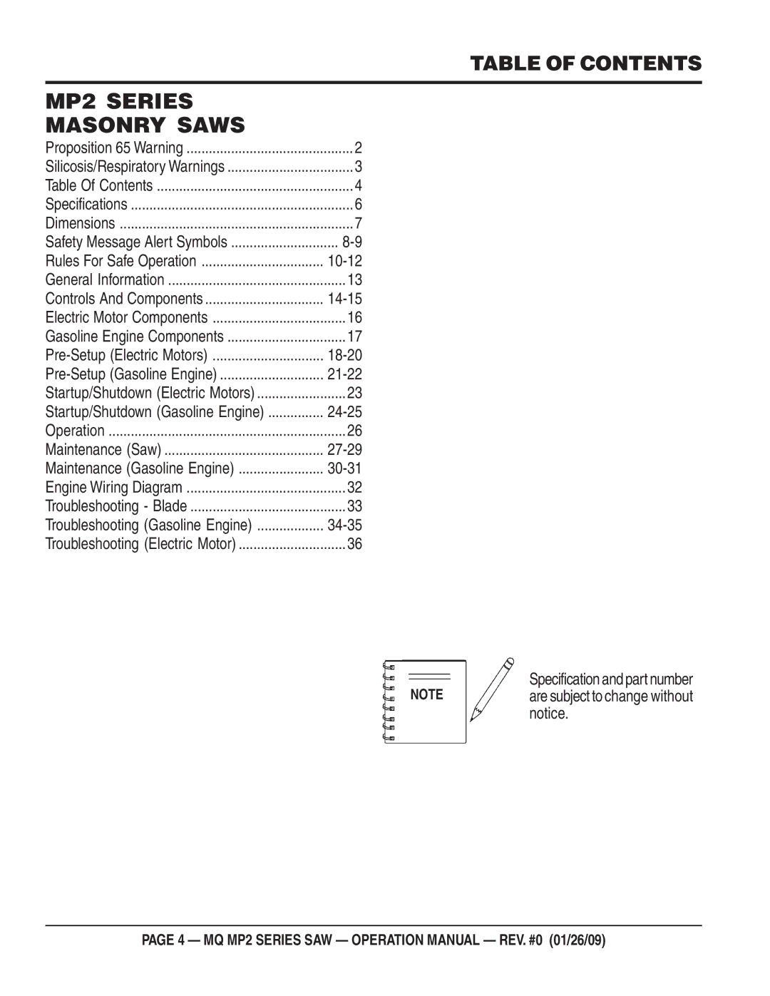 Multiquip MP275E3, MP25E3, MP25E1, MP24 operation manual MP2 Series Masonry Saws, Table of Contents 