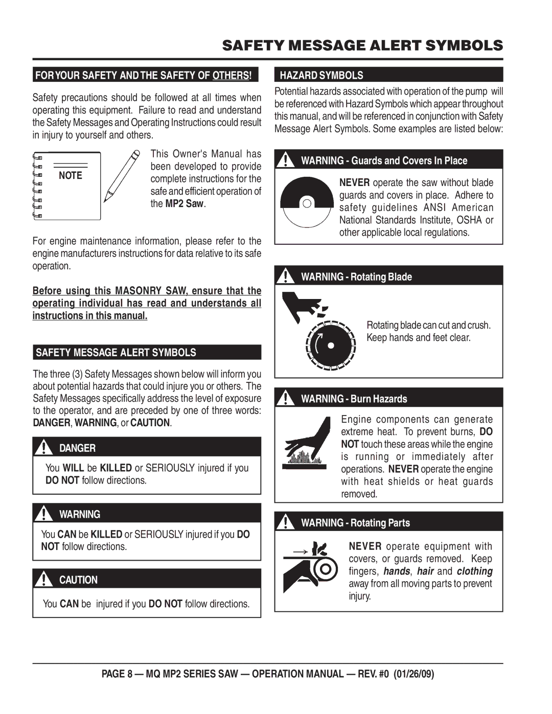 Multiquip MP275E3, MP25E3, MP25E1 Safety Message Alert Symbols, Rotating blade can cut and crush Keep hands and feet clear 