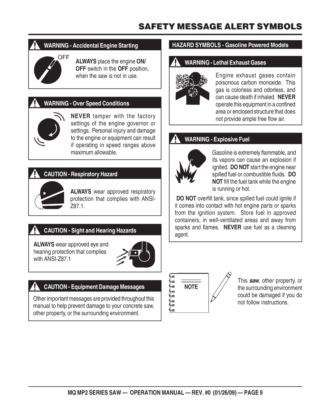 Multiquip MP25E3, MP275E3, MP25E1, MP24 operation manual Hazard Symbols Gasoline Powered Models, This saw, other property, or 