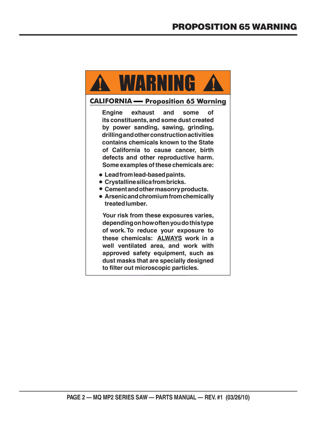 Multiquip MP2H manual Proposition 65 Warning 