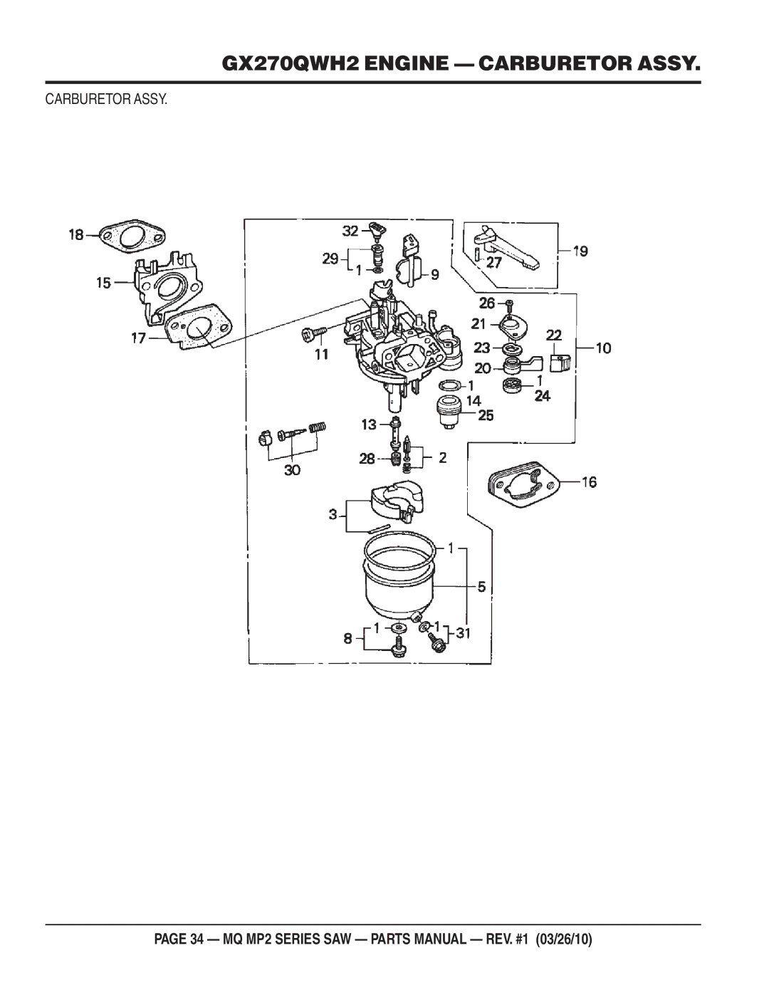 Multiquip MP2H manual GX270QWH2 Engine Carburetor Assy 