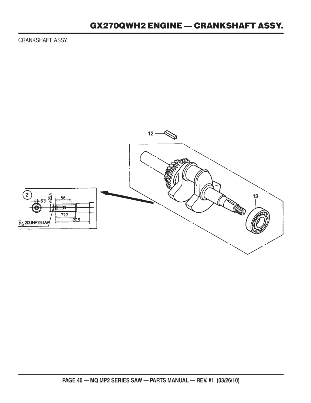 Multiquip MP2H manual GX270QWH2 Engine Crankshaft Assy 