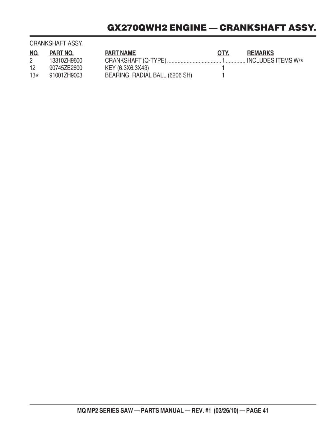 Multiquip MP2H manual BEARING, Radial Ball 6206 SH 