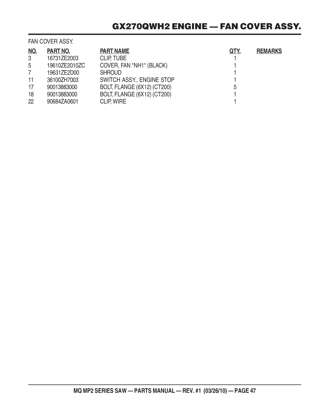 Multiquip MP2H manual CLIP, Tube 