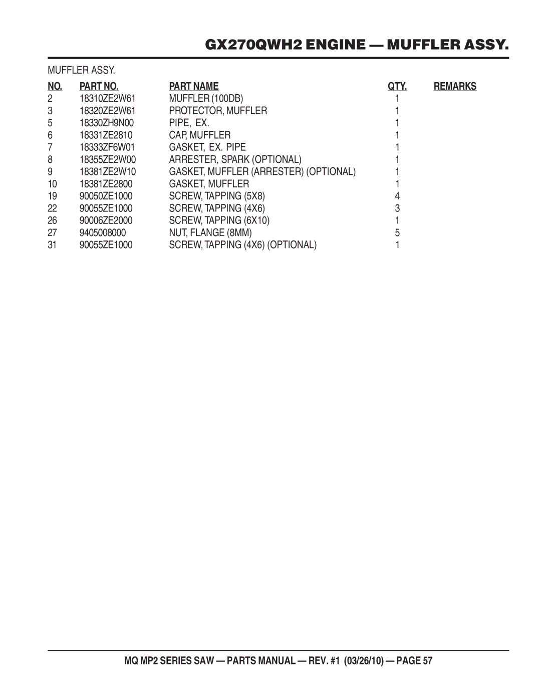 Multiquip MP2H manual Muffler Assy 