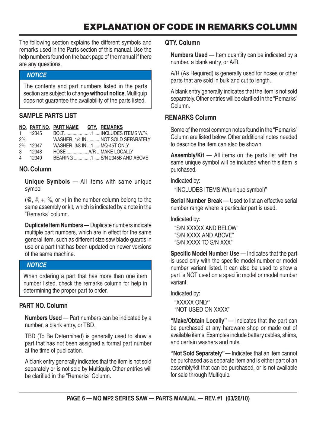 Multiquip MP2H manual Explanation of Code in Remarks Column 