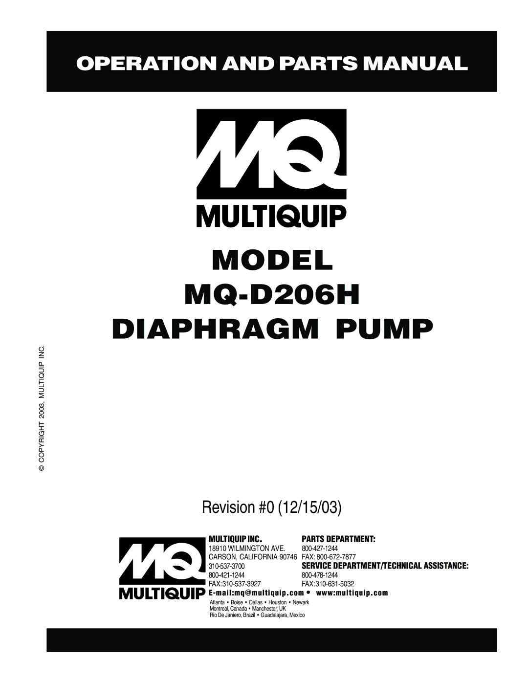Multiquip MQ- D206H manual Model 