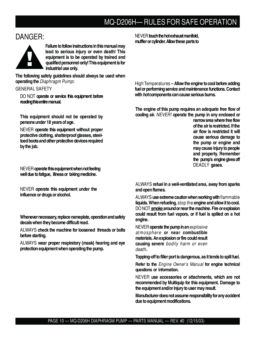 Multiquip MQ- D206H manual MQ-D206H- Rules for Safe Operation 