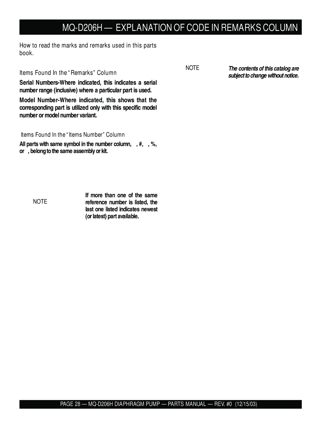 Multiquip MQ- D206H manual MQ-D206H Explanation of Code in Remarks Column, Items Found In the Items Number Column 