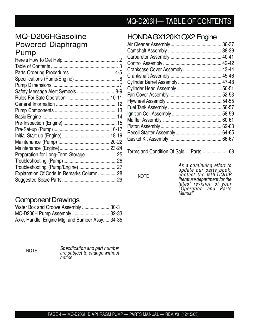 Multiquip MQ- D206H manual MQ-D206H- Table of Contents 