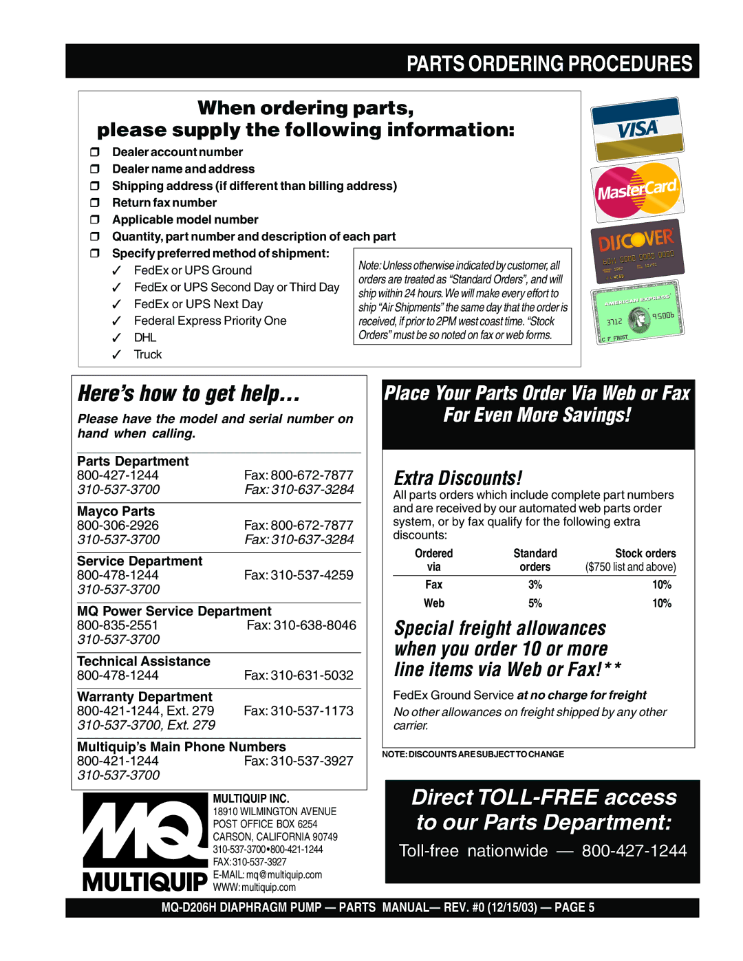 Multiquip MQ- D206H manual Parts Ordering Procedures 